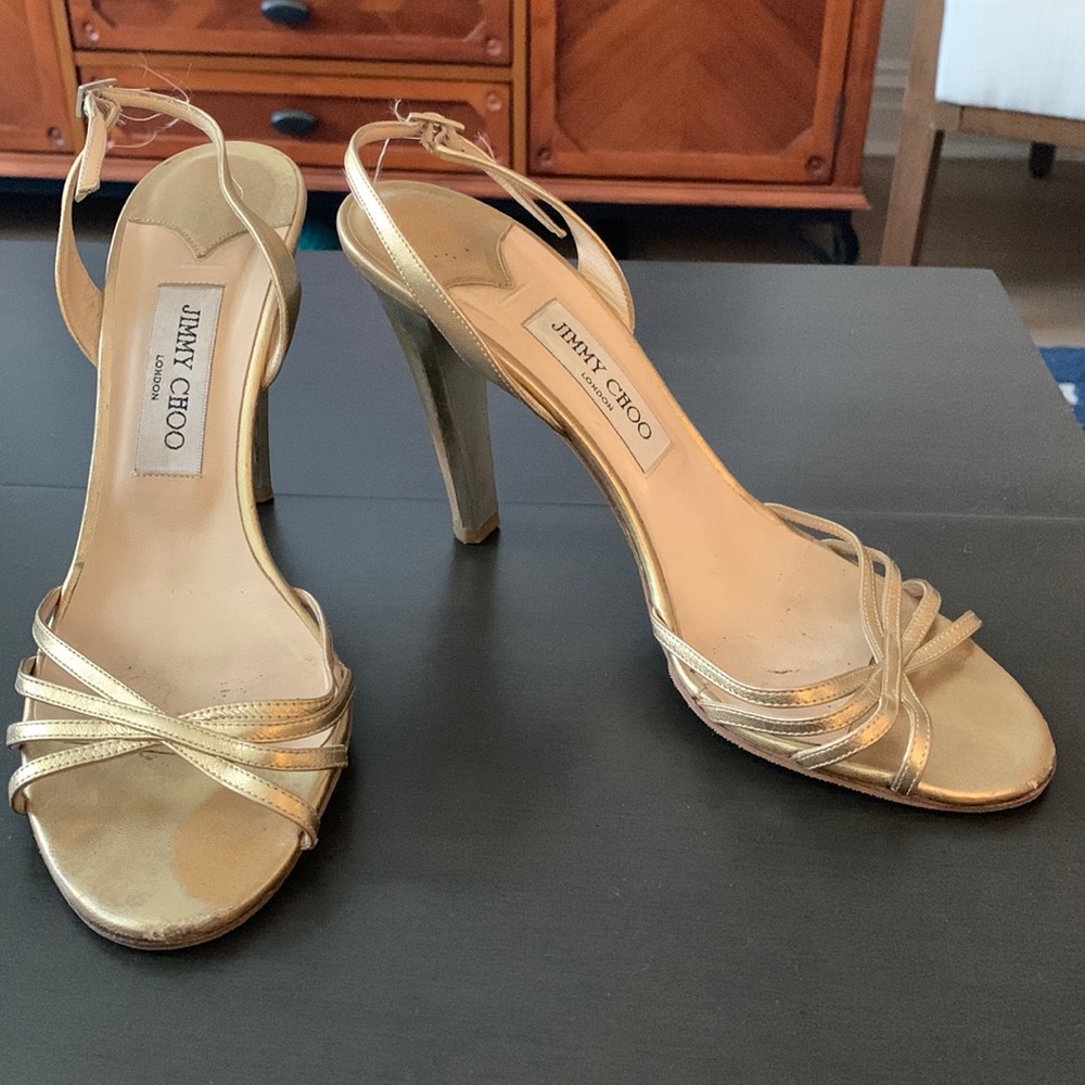 Jimmy Choo Gold Leather Slingback Stiletto Sandals. Good condition. Size 40.